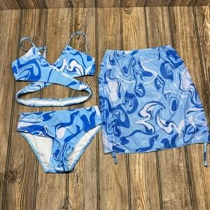 Girls 3pc Blue Marble Swirl Bikini Set with Mesh Sarong Skirt Size 9-10Y